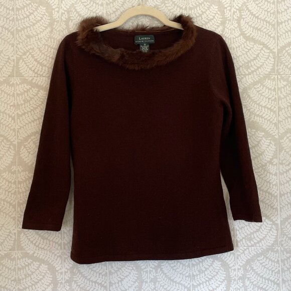 Ralph Lauren Wool, Angora, Cashmere Blend Brown 3/4 Sleeve Sweater Fur Collar M - Picture 1 of 12